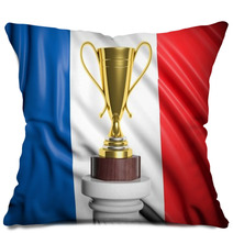 Golden Trophy With French Flag In Background Pillows 67324448