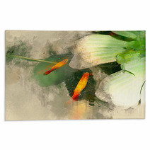 Goldfish Swim Near Water Lily Digital Painting Of Goldfish Watercolor Illustration Of Goldfish Rugs 177224726