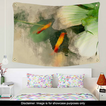 Goldfish Swim Near Water Lily Digital Painting Of Goldfish Watercolor Illustration Of Goldfish Wall Art 177224726