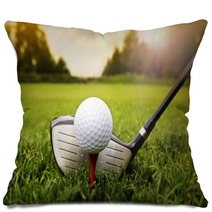 Golf Club And Ball In Grass Pillows 57340418