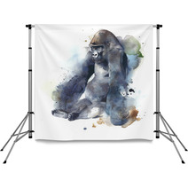 Gorilla Ape Monkey Big Creature Mammal Sitting Watercolor Painting Illustration Isolated On White Background Backdrops 135339278