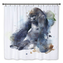Gorilla Ape Monkey Big Creature Mammal Sitting Watercolor Painting Illustration Isolated On White Background Bath Decor 135339278