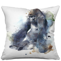 Gorilla Ape Monkey Big Creature Mammal Sitting Watercolor Painting Illustration Isolated On White Background Pillows 135339278