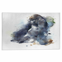 Gorilla Ape Monkey Big Creature Mammal Sitting Watercolor Painting Illustration Isolated On White Background Rugs 135339278