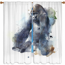 Gorilla Ape Monkey Big Creature Mammal Sitting Watercolor Painting Illustration Isolated On White Background Window Curtains 135339278