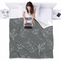 Gray Botanical Leaves On Branches Blankets 232659970