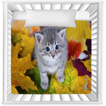 Gray Kitty On Yellow Leaves Nursery Decor 35954656