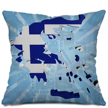 Greece Map Flag On Euros Sunburst Illustration Pillows 67145838