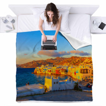 Greece Mykonos, Sunset On Little Venice Blankets 51177763
