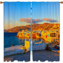 Greece Mykonos, Sunset On Little Venice Window Curtains 51177763