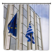 Greek Flag In Front A Building Bath Decor 61805923