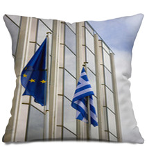 Greek Flag In Front A Building Pillows 61805923