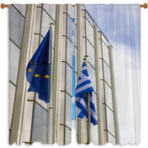Greek Flag In Front A Building Window Curtains 61805923
