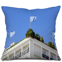 Greek Flags On A Roof Garden Pillows 63450518