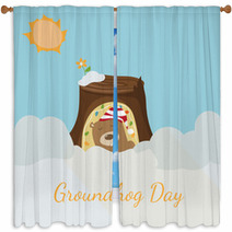 Greeting Card To Groundhog Day. Beginning Spring. Vector Window Curtains 99283536