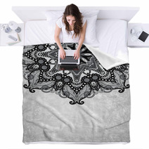 Grey Flower Ornamental Circle Design On Grunge Background Blankets 71379147