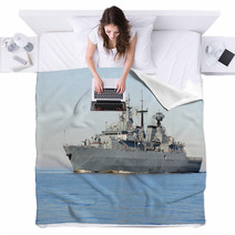 Grey Modern Warship Sailing In Still Water Blankets 56681494