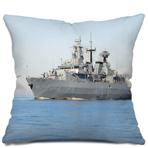 Grey Modern Warship Sailing In Still Water Pillows 56681494