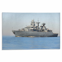 Grey Modern Warship Sailing In Still Water Rugs 56681494