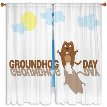 Groundhog Day. Funny Animal Hand Drawn In Cartoon Style Isolated On White Background. Vector Illustration Window Curtains 100069757