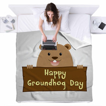 Groundhog Holding A Wooden Sign Blankets 99147184