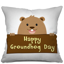 Groundhog Holding A Wooden Sign Pillows 99147184