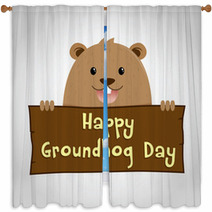 Groundhog Holding A Wooden Sign Window Curtains 99147184