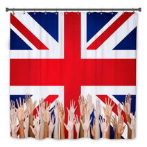 Group Of Multi Ethnic Arms Outstretched With British Flag Bath Decor 65832912