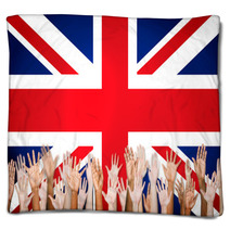 Group Of Multi Ethnic Arms Outstretched With British Flag Blankets 65832912