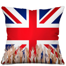 Group Of Multi Ethnic Arms Outstretched With British Flag Pillows 65832912