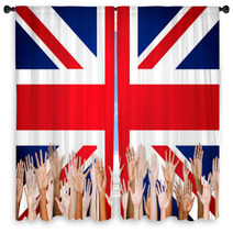 Group Of Multi Ethnic Arms Outstretched With British Flag Window Curtains 65832912