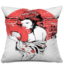Grunge Japanese Sun Geisha Woman  Pillows 52782851