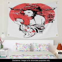 Grunge Japanese Sun Geisha Woman  Wall Art 52782851