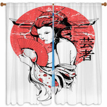 Grunge Japanese Sun Geisha Woman  Window Curtains 52782851