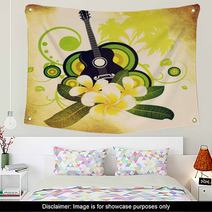Grunge Plumeria Flowers And Guitar Wall Art 51563490