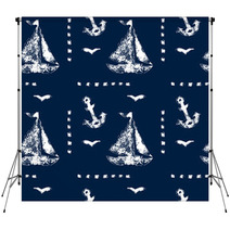Grunge White Print Sailboat Anchor And Seagull On Blue Pattern Backdrops 52860940