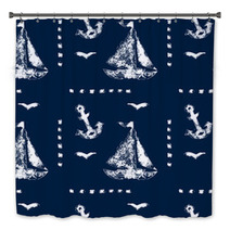 Grunge White Print Sailboat Anchor And Seagull On Blue Pattern Bath Decor 52860940