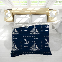 Grunge White Print Sailboat Anchor And Seagull On Blue Pattern Bedding 52860940