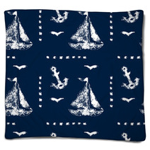 Grunge White Print Sailboat Anchor And Seagull On Blue Pattern Blankets 52860940