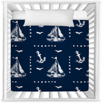 Grunge White Print Sailboat Anchor And Seagull On Blue Pattern Nursery Decor 52860940