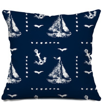Grunge White Print Sailboat Anchor And Seagull On Blue Pattern Pillows 52860940