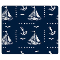 Grunge White Print Sailboat Anchor And Seagull On Blue Pattern Rugs 52860940