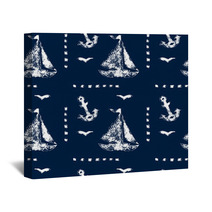 Grunge White Print Sailboat Anchor And Seagull On Blue Pattern Wall Art 52860940