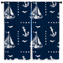 Grunge White Print Sailboat Anchor And Seagull On Blue Pattern Window Curtains 52860940