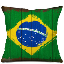 Grunged Brazilian Flag Over A Wooden Plank Background Pillows 55825385