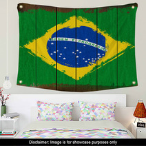 Grunged Brazilian Flag Over A Wooden Plank Background Wall Art 55825385
