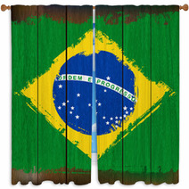 Grunged Brazilian Flag Over A Wooden Plank Background Window Curtains 55825385