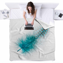 Guinea Fowl Feather  Turquoise  On A White Background Blankets 52985078