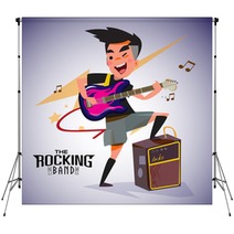 Guitarist With Bright Emotions Playing Rock Electric Guitar Near An Amp Character Design Typographic Rock Design Vector Illustration Backdrops 115722520