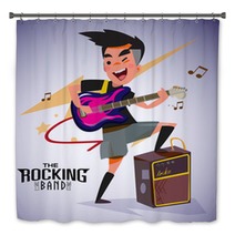 Guitarist With Bright Emotions Playing Rock Electric Guitar Near An Amp Character Design Typographic Rock Design Vector Illustration Bath Decor 115722520